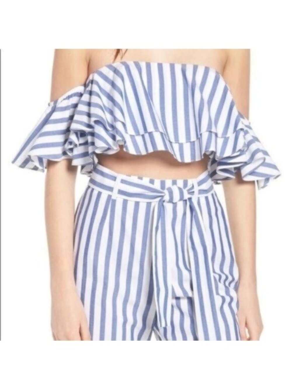 WAYF | Cerignola Ruffle Off The Shoulder Crop Top In Navy Stripe